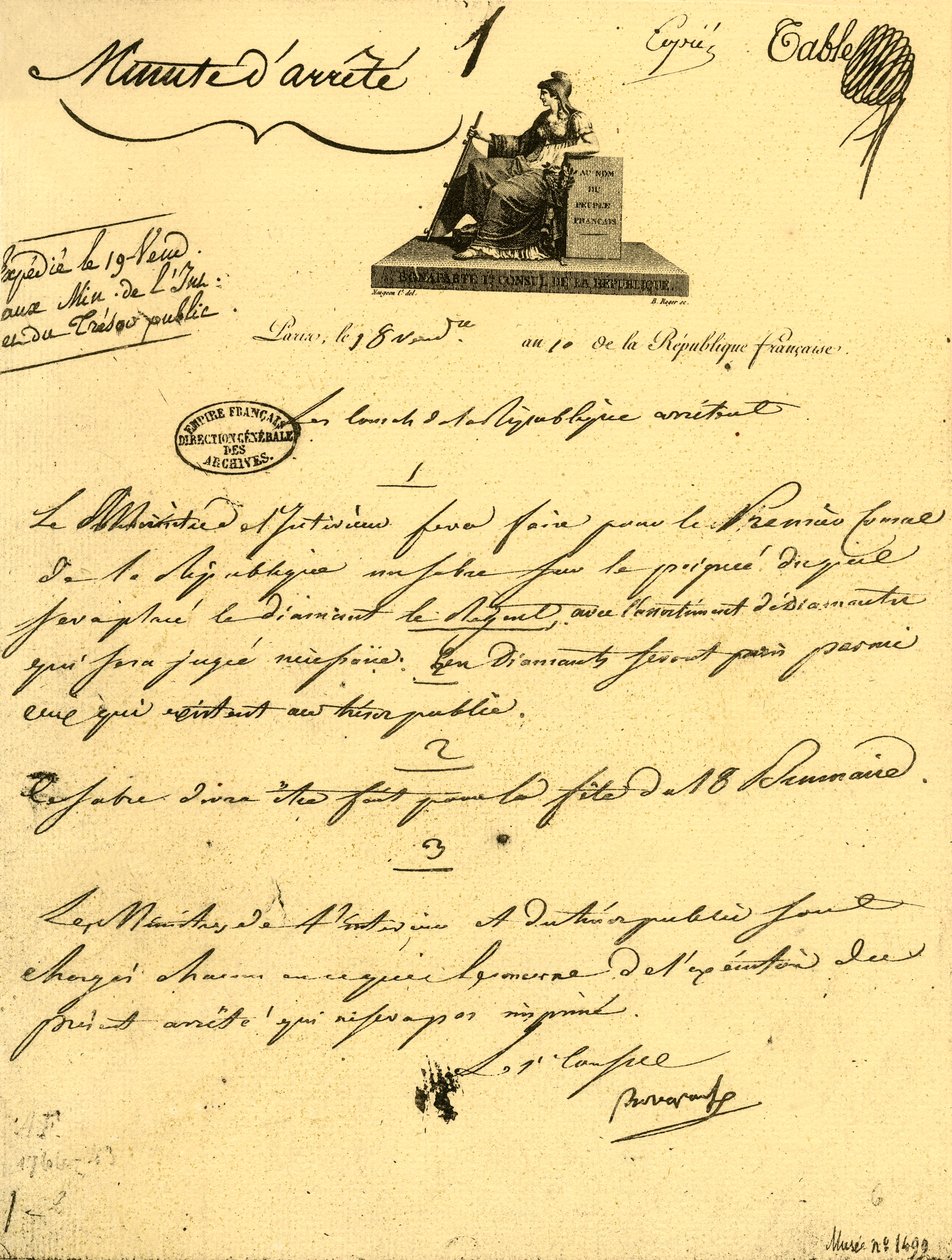 10 Ekim 1801, 1921, Birinci Konsolos için...a...kılıçla ilgili bakanlık emri. by Unbekannt