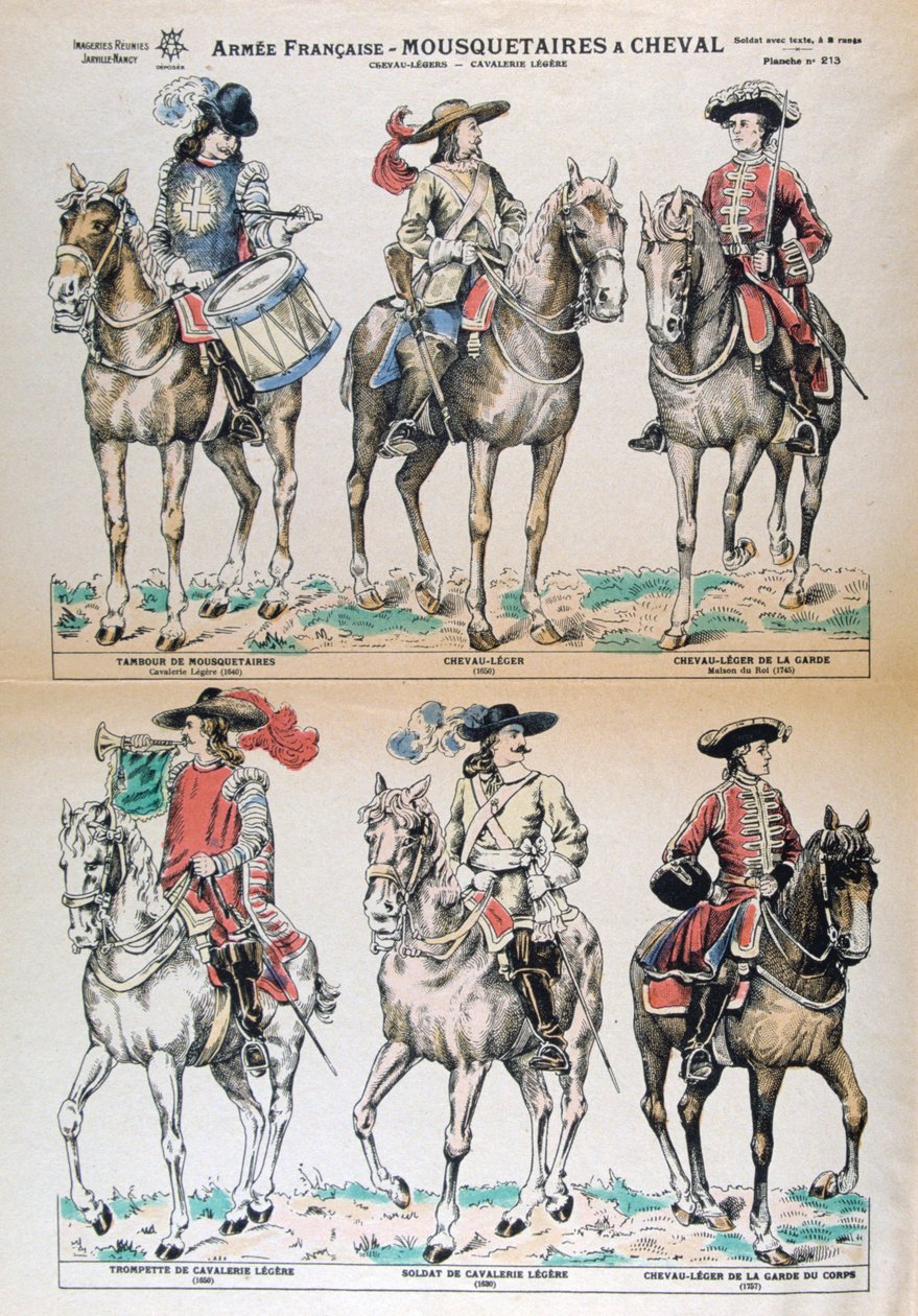 Mousquetaires bir Cheval 17. Yüzyıl. Fransız ordusu üniformaları. Renkli Litograf. Özel koleksiyon by Unbekannt
