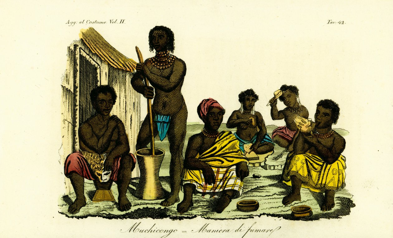 Muchicongo erkekleri ve birçok eş, bir kulübenin dışında, Angola by Unbekannt