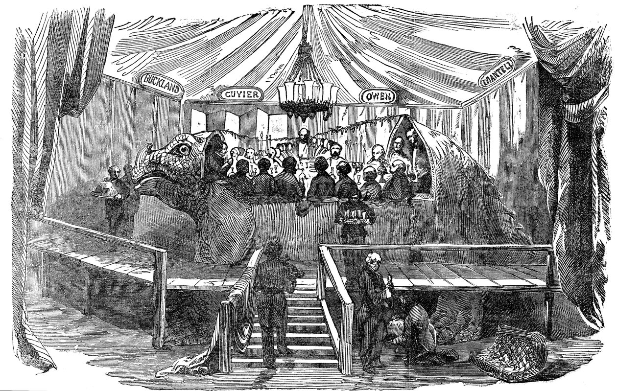 Dinozor modelinin içinde yemek yiyen doğa bilimcileri, Crystal Palace, Sydenham, New Years Eve, 1853 by Unbekannt