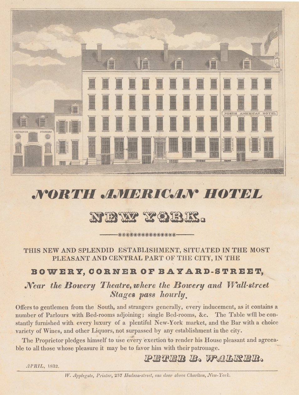 Kuzey Amerika Oteli, New York, Nisan 1832. by Unbekannt