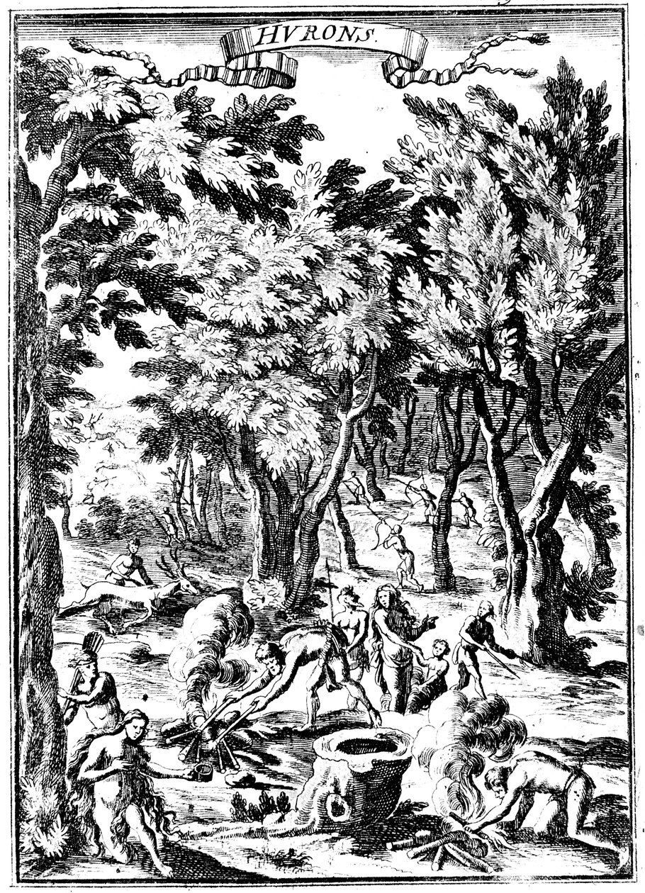 Kuzey Amerika Huron Kızılderilileri ormanlık alanda avlanıyor ve yemek hazırlıyor, 1686 by Unbekannt