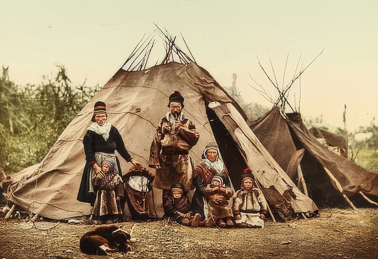 Norveç. Paçavra (tohum) - bir çadırın önündeki aile. 1900 civarında. Fotokrom. Fotoğraf: Photoglob / Zürih by Unbekannt
