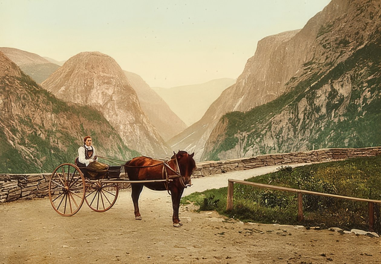 At arabası üzerinde Norveçli köylü kız. 1900 civarında. Fotokrom. Fotoğraf: Photoglob / Zürih by Unbekannt