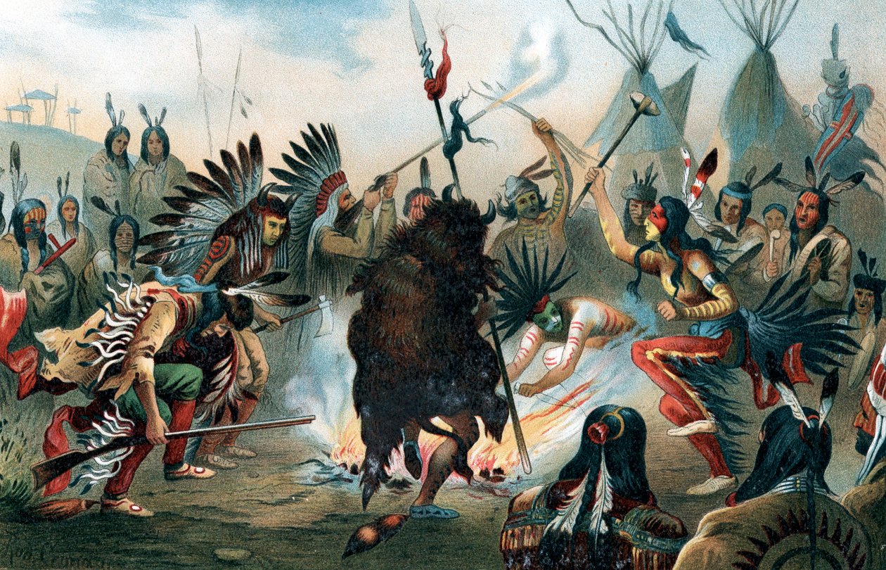 Bir Sioux savaş dansının oleografı, c1890 by Unbekannt