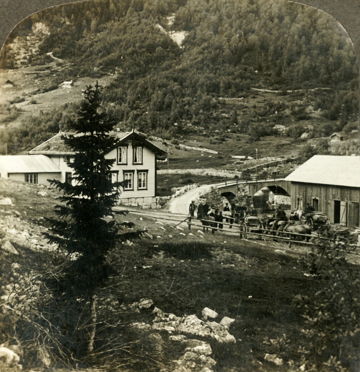 Pitoresk Telemarken yolunda - Grundesbro skyds istasyonunda atları değiştirmek, Norveç, c1905. by Unbekannt
