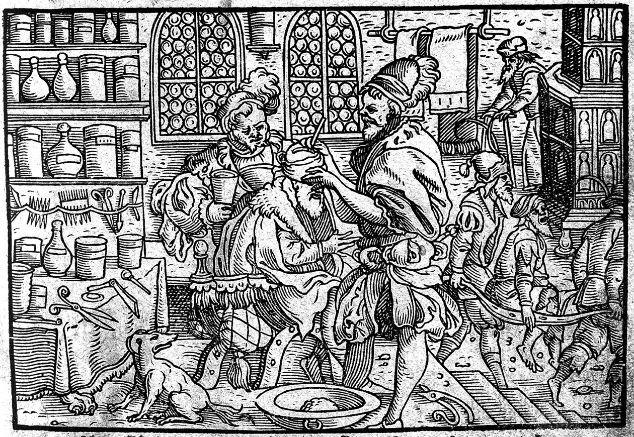 Bir adamın kafasına operasyon. Gönderen: Theophrastus Bombastus von Hohenheim tarafından yazılan büyük yara ilacı, 1562 by Unbekannt