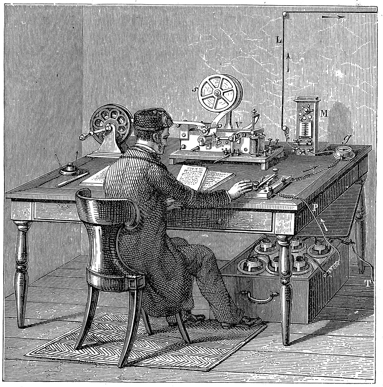 Mors elektrikli baskı telgrafına mesaj gönderen operatör, 1887 by Unbekannt