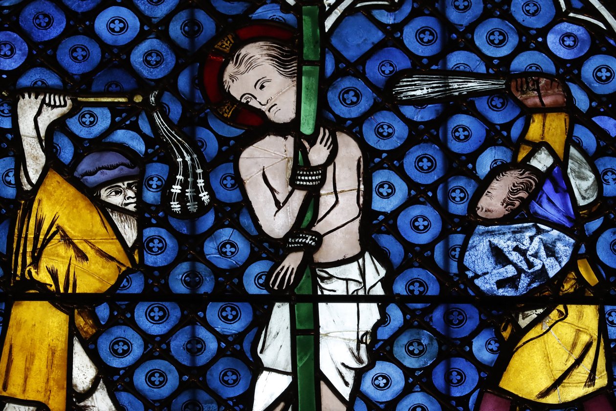 Our Lady of Strasbourg Katedrali. Vitray pencere. Mesih tutkusu içinde. Kırbaçlanma. 14. yüzyıl. Strazburg. Fransa. by Unbekannt