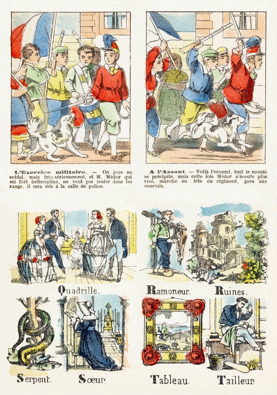 Sayfa 7 - çocuk oyunları: askeri tatbikat, Saldırıda - Alfabe - Çocuk eğlencesi - Epinal görüntüler, popüler diziler, 1890 civarında by Unbekannt
