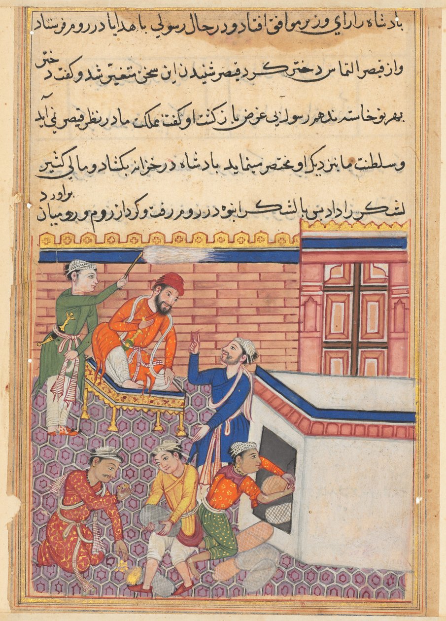 Bir Papağan Masallarından Sayfa Tuti-nama: Ellinci gece: Kralların elçisi sağlanıyor..., c. 1 by Unbekannt