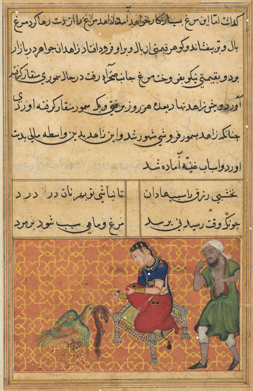 Bir Papağan Masallarından Sayfa Tuti-nama: Elli ikinci gece: Yedi renkli kuş, c. 1560. by Unbekannt
