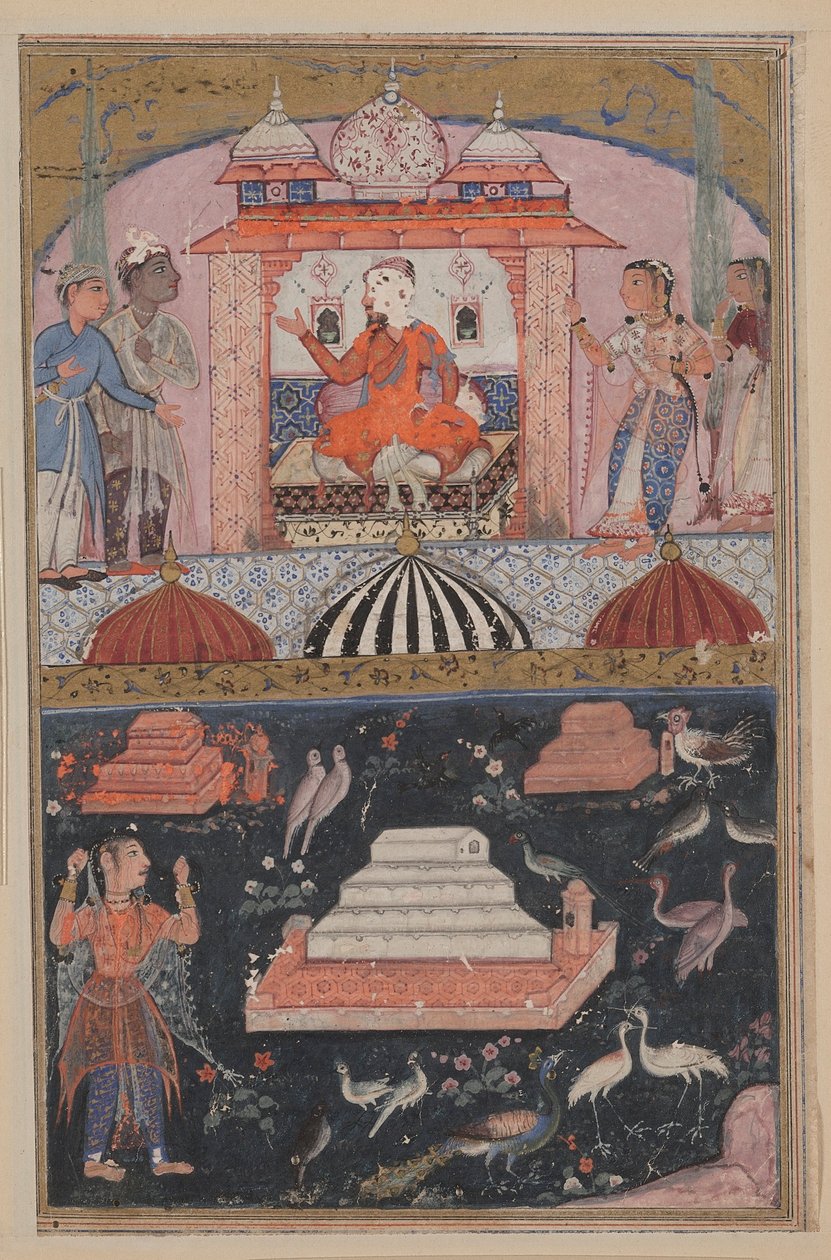 Bir Papağan Masallarından Sayfa Tuti-nama: İlk gece: Tüccar duyar, c. 1560. by Unbekannt