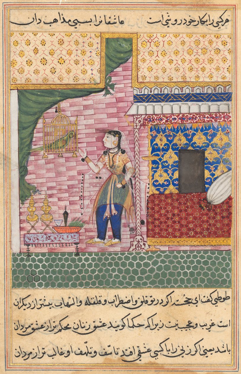 Bir Papağan Masallarından Sayfa Tuti-nama: Onyedinci gece: Papağan..., c. 1560. by Unbekannt