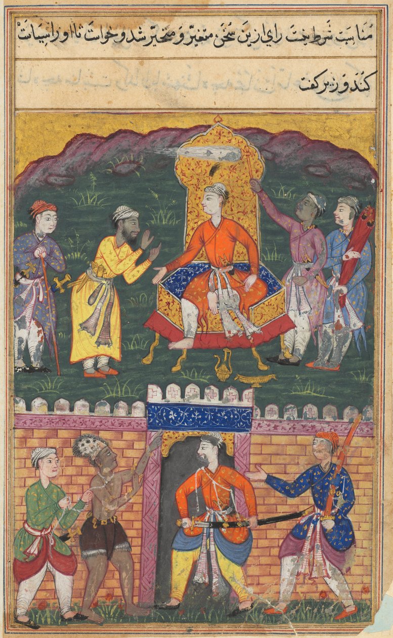 Bir Papağan Masallarından Sayfa Tuti-nama: Yedinci gece: Vezir kralı vazgeçirir..., c. 1560. by Unbekannt