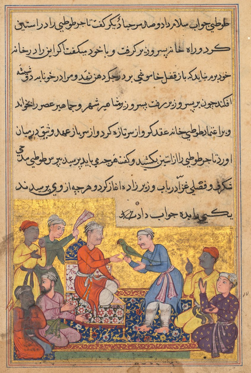 Bir Papağan Masallarından Sayfa Tuti-nama: Onuncu gece: Tüccarların sihirli papağanı, c. 1560. by Unbekannt