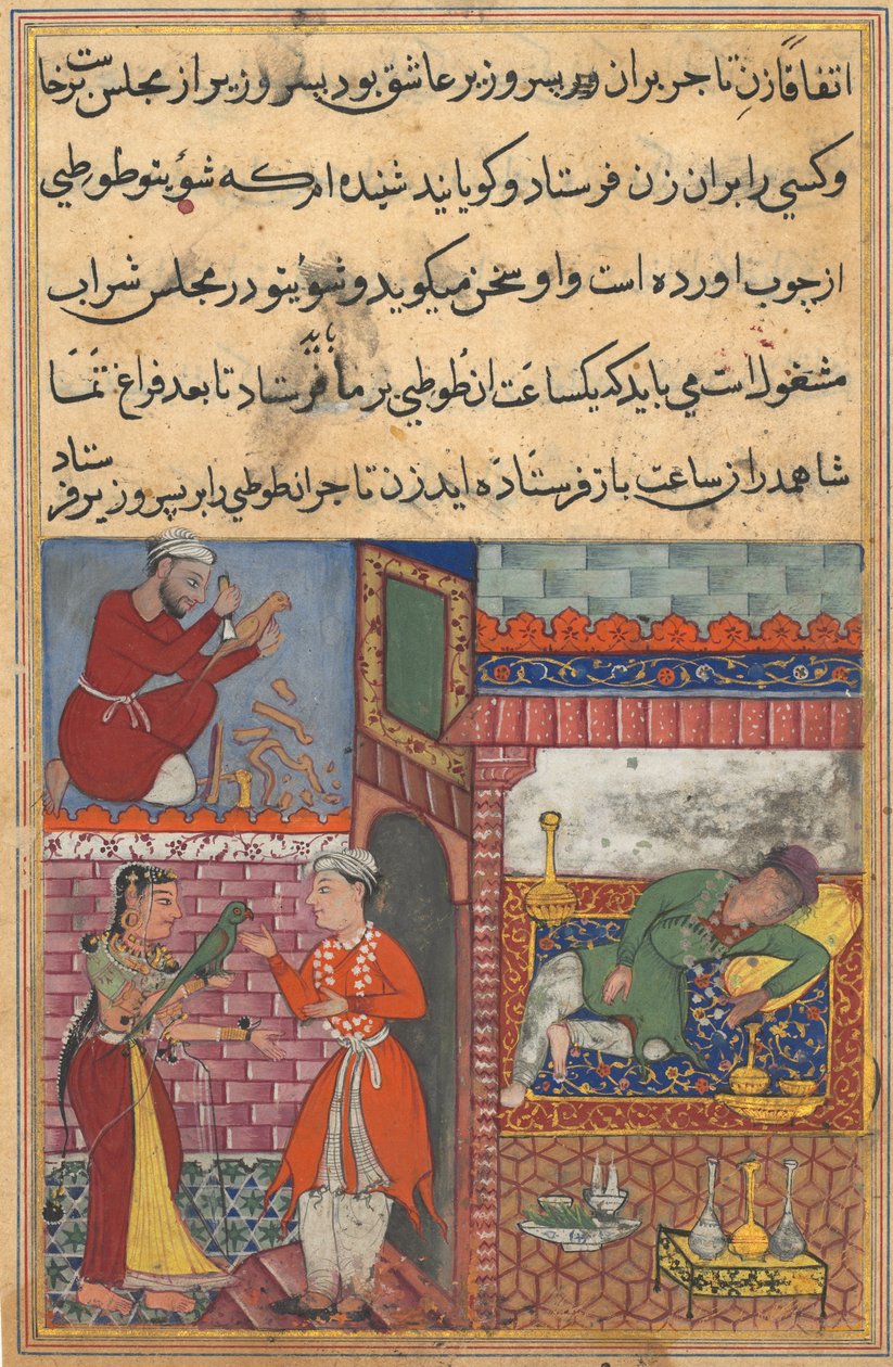 Bir Papağan Masallarından Sayfa Tuti-nama: Onuncu gece: Vezirin oğlu büyüyü alır..., c. 156 by Unbekannt