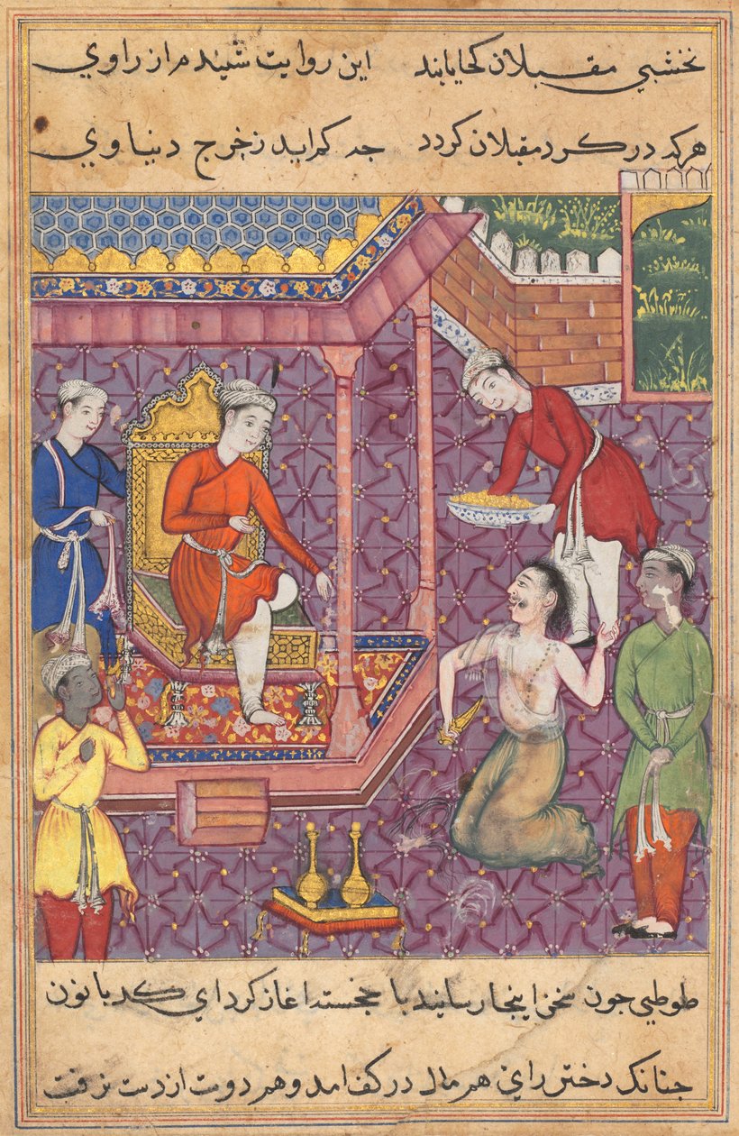 Bir Papağan Masallarından Sayfa Tuti-nama: Otuz beşinci gece: Kılık değiştirmiş sihirbaz..., c. 1560. by Unbekannt