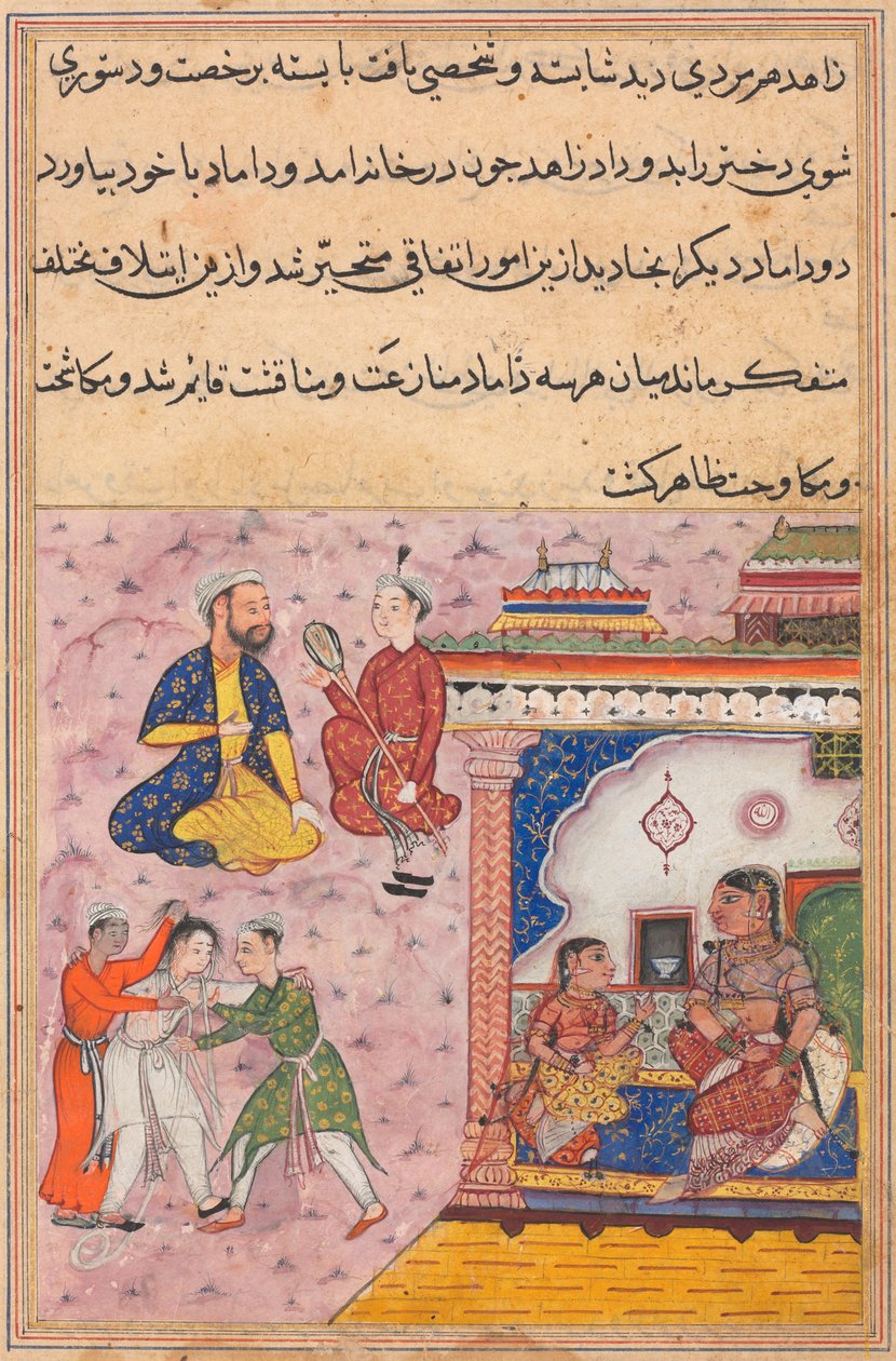 Bir Papağan Masallarından Sayfa Tuti-nama: Yirminci gece: Üç talip kavga ediyor..., c. 1560. by Unbekannt