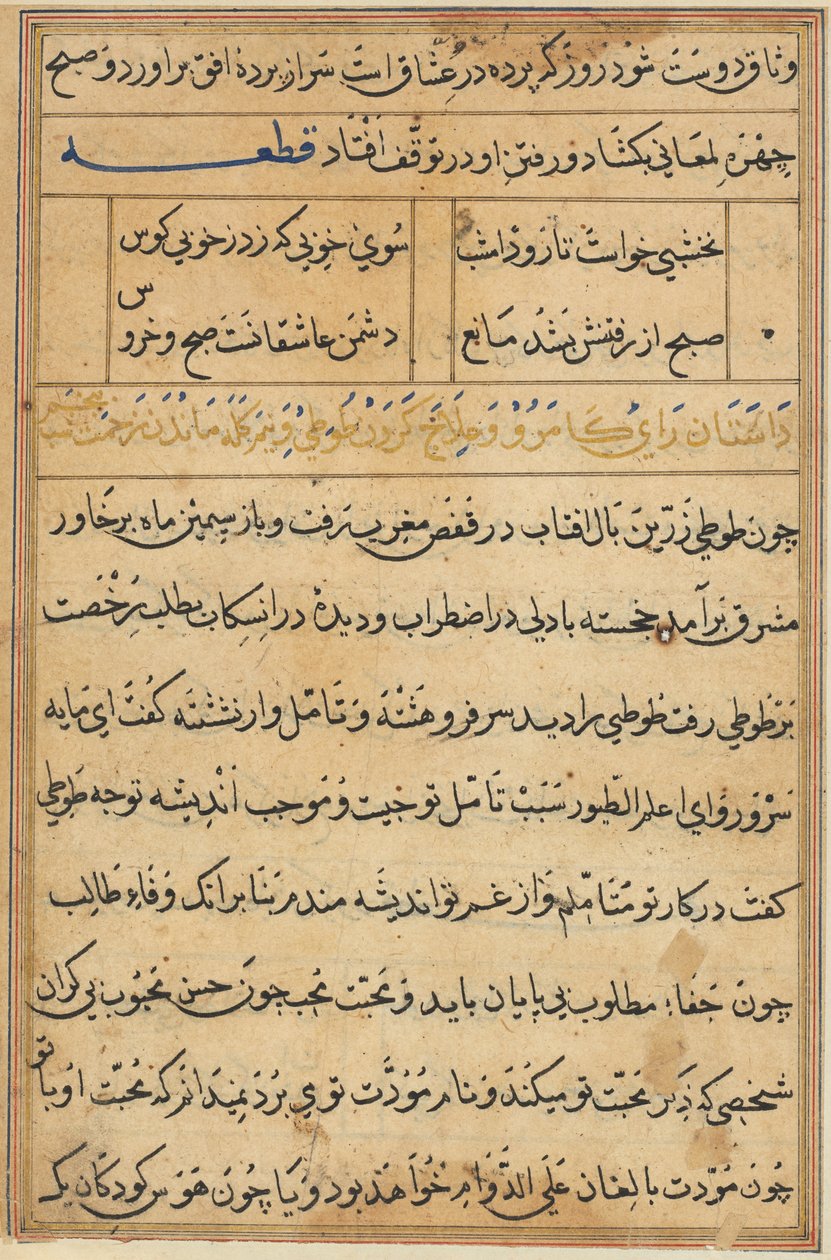 Bir Papağan Tuti-nama Masallarından sayfa: metin sayfası, c. 1560. by Unbekannt