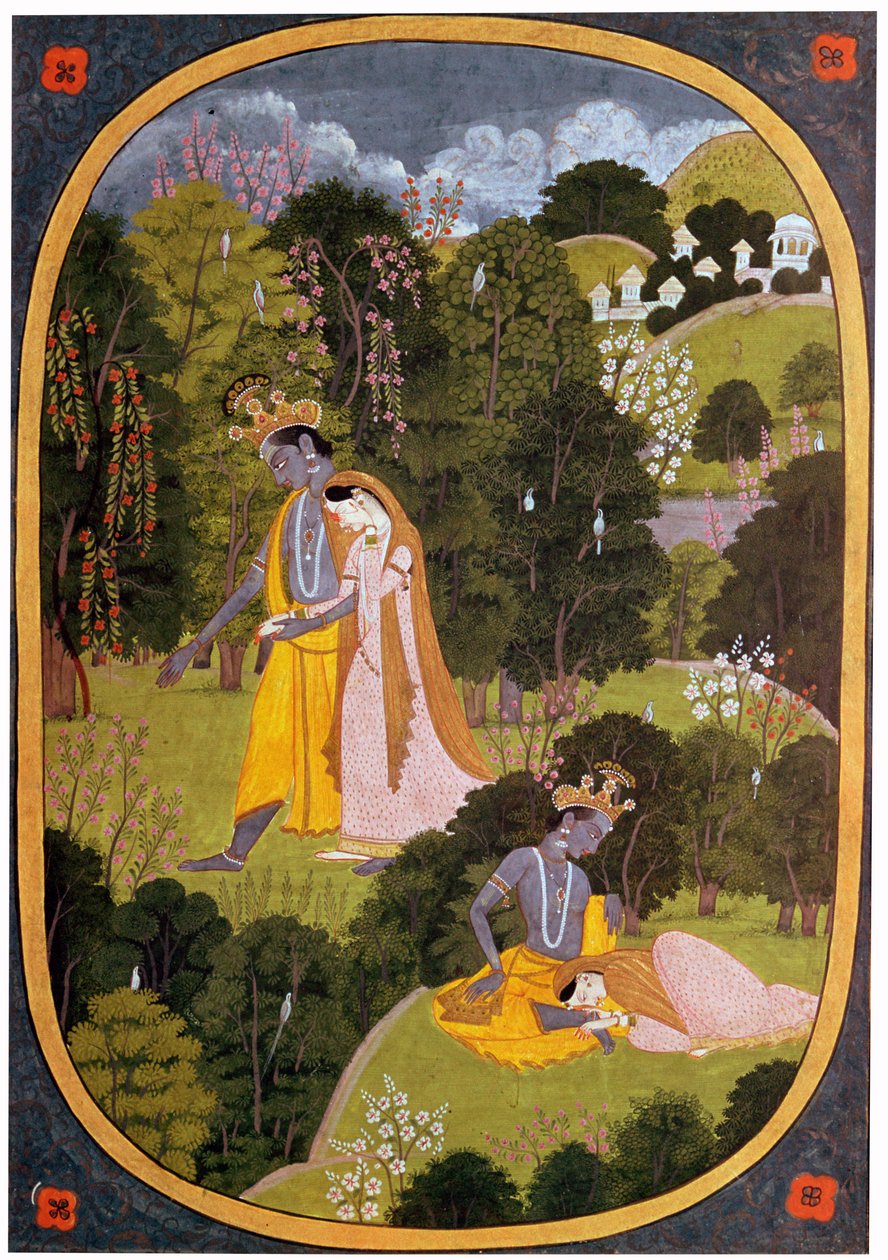 Bir koruda Radha ve Krishna