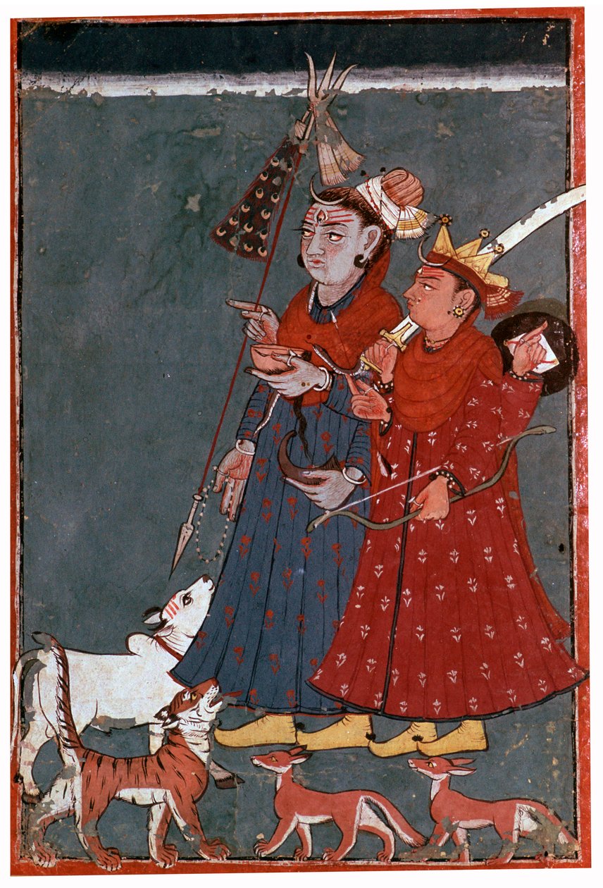 Bir boğa, kaplan ve çakal eşliğinde tanrılar Shiva ve Krishna