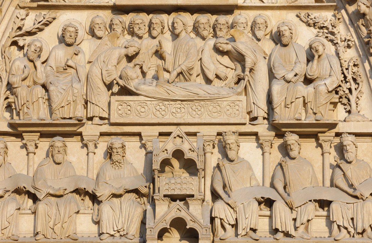 Paris Notre Dame katedrali batı kanadı: Bakire Kapısı: Meryem, İsa ve havarilerle çevrili ölüm döşeğinde, Paris, Fransa by Unbekannt