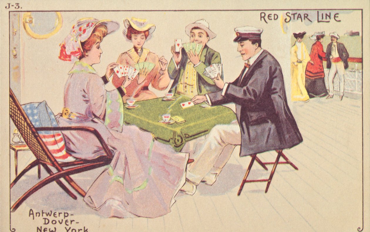 Yolcular bir Red Star gemisinin güvertesinde kağıt oynuyor, 1907. by Unbekannt
