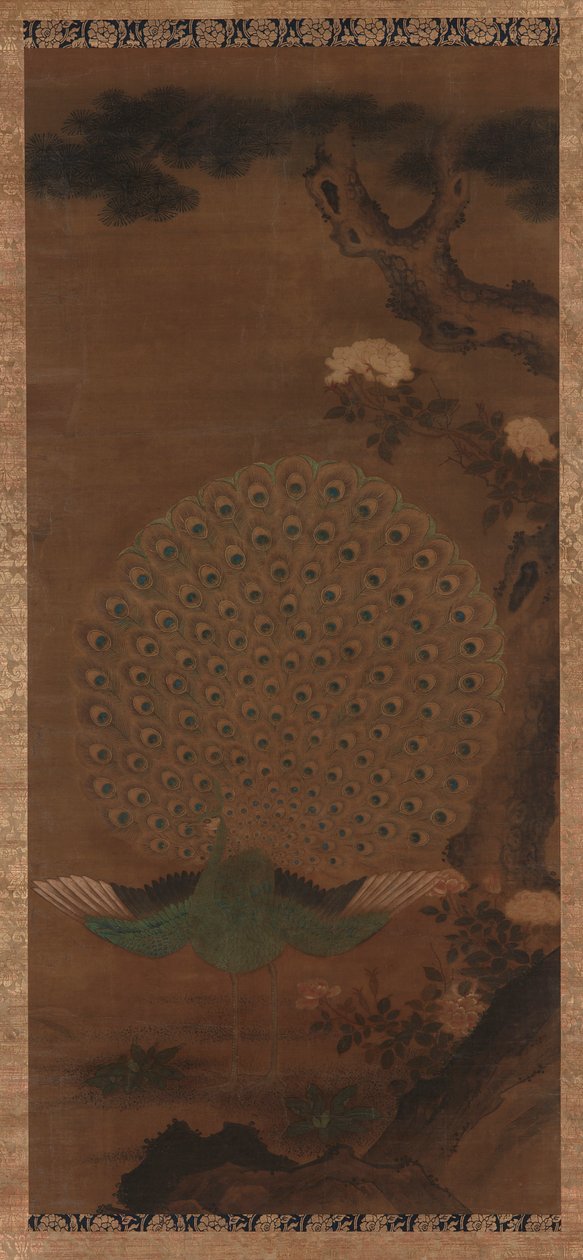 Tavus kuşu, şakayık ve çam, Edo dönemi, 1615-1868. by Unbekannt
