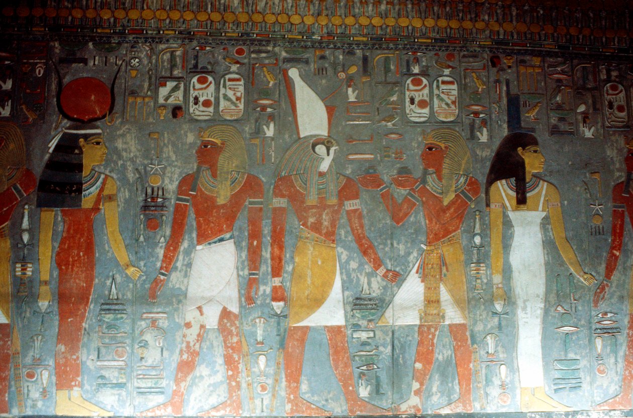 Firavun Horemheb, tanrıça İsis ve tanrı Horus ile, Eski Mısır, MÖ 14. yüzyıl by Unbekannt