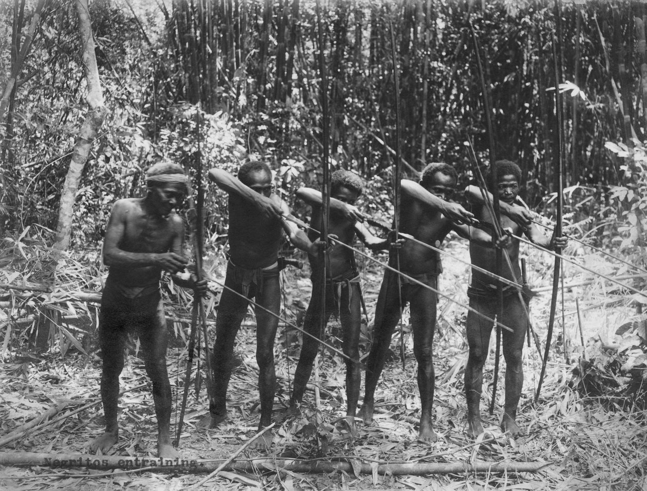 Filipinler: c.1890 Negrito kabilesinin erkek üyeleri avcılık becerilerini gösteriyor (s/b fotoğraf) by Unbekannt