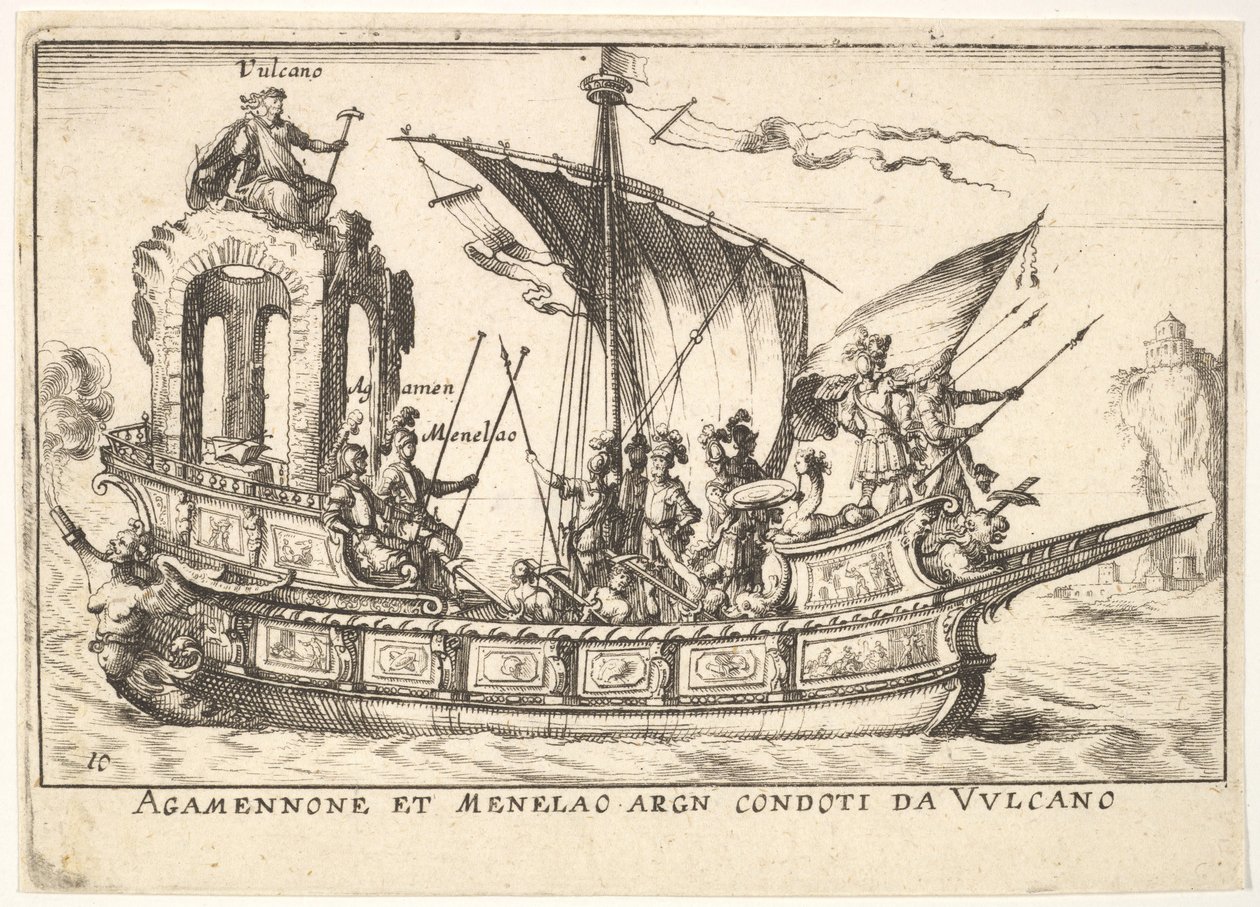 Levha 10: Agamemnon ve Menelaus, V..., 1664 dahil olmak üzere diğer figürlerle birlikte bir teknede oturuyorlar. by Unbekannt