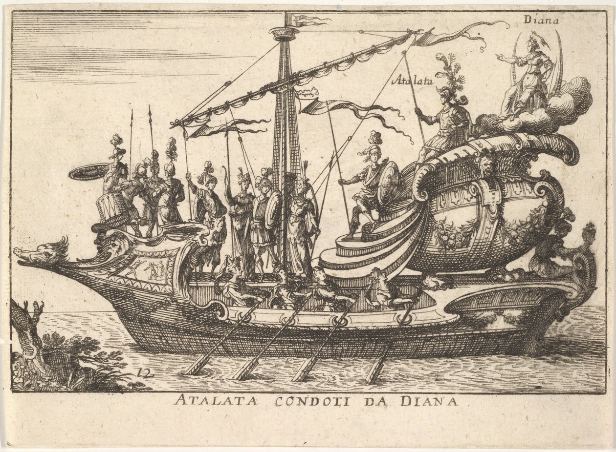 Plaka 12: Diana Atalata condoti da Diana tarafından yönetilen Atalanta, savaşçıların eşlik ettiği ..., 1664. by Unbekannt