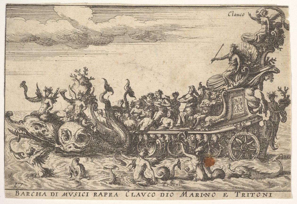 Levha 16: Deniz tanrısı Claucus ve tritonlar Barcha di musici rapra C..., 1664 ile müzisyenlerin gemisi. by Unbekannt