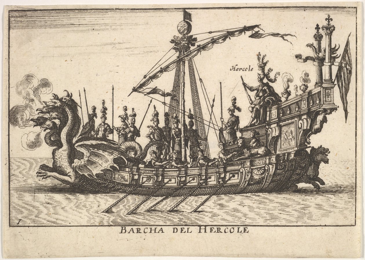Levha 1: Herkül Gemisi Barcha del Hercole, ejderha başlı pruva ve Herkül pl..., 1664. by Unbekannt