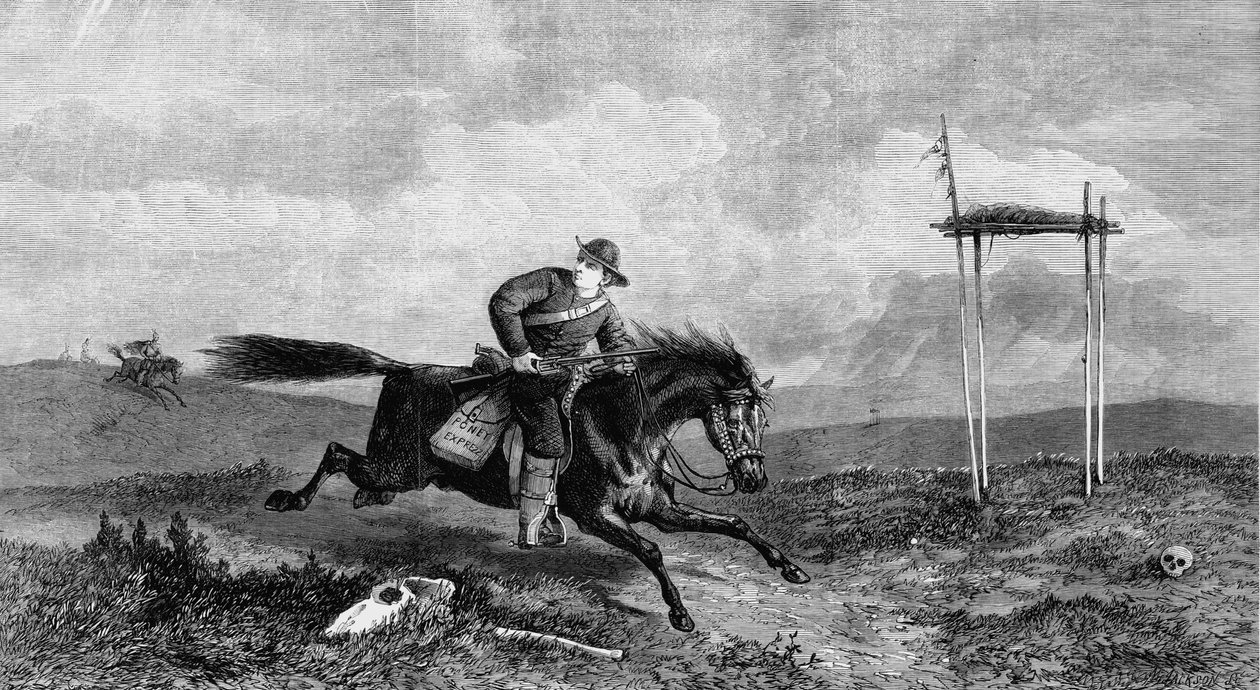Yerli Amerikalılar tarafından takip edilen düşman ülkeyi geçen Pony Ekspres sürücüsü, 1861 by Unbekannt