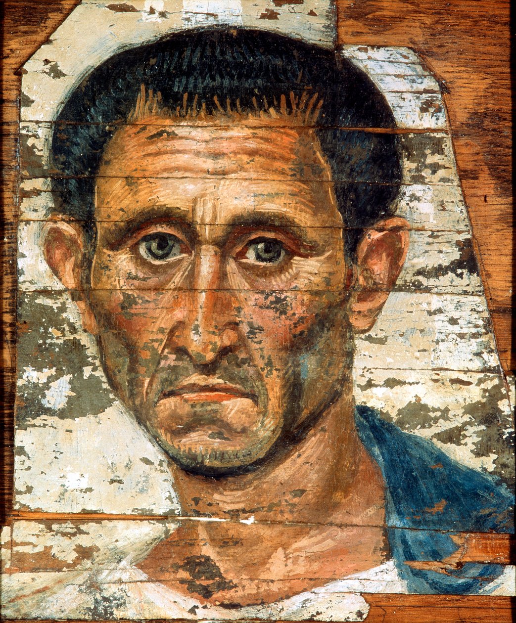 Mavi pelerinli orta yaşlı bir adamın portresi, Romano-Mısır mumya portresi, 1. yüzyılın sonlarında by Unbekannt