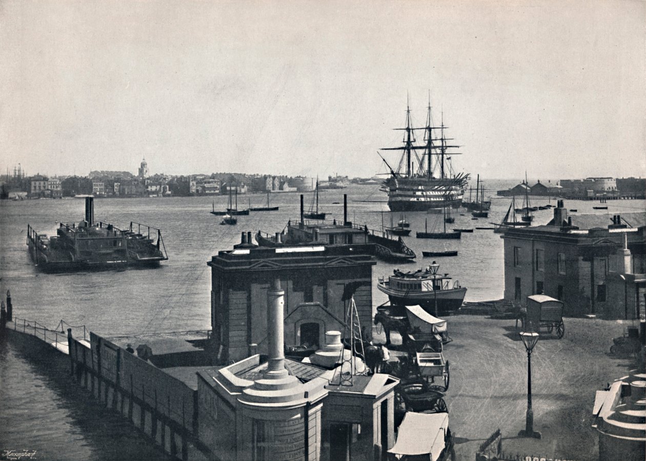 Portsmouth - Limanın Genel Görünümü, Nelsons Savaş Gemisini Gösteriyor, Zafer., 1895 by Unbekannt