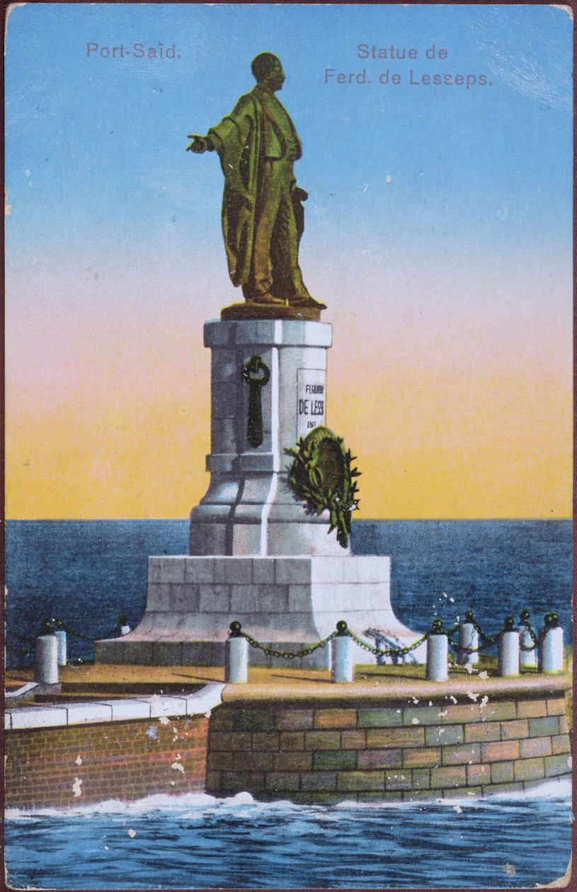 Port Said Limanı'ndaki Ferdinand de Lesseps Heykeli'ni gösteren kartpostal, yirminci yüzyılın başlarında (renkli taş) (bir fotoğraftan sonra) by Unbekannt