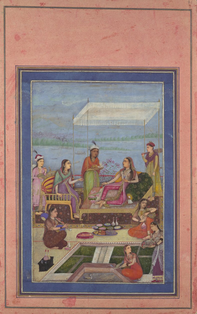 Prenses Balkonda Ziyaretçisini Eğlendiriyor, Davis Albümünden Folyo, 17.yy 2. yarısı ortası. by Unbekannt