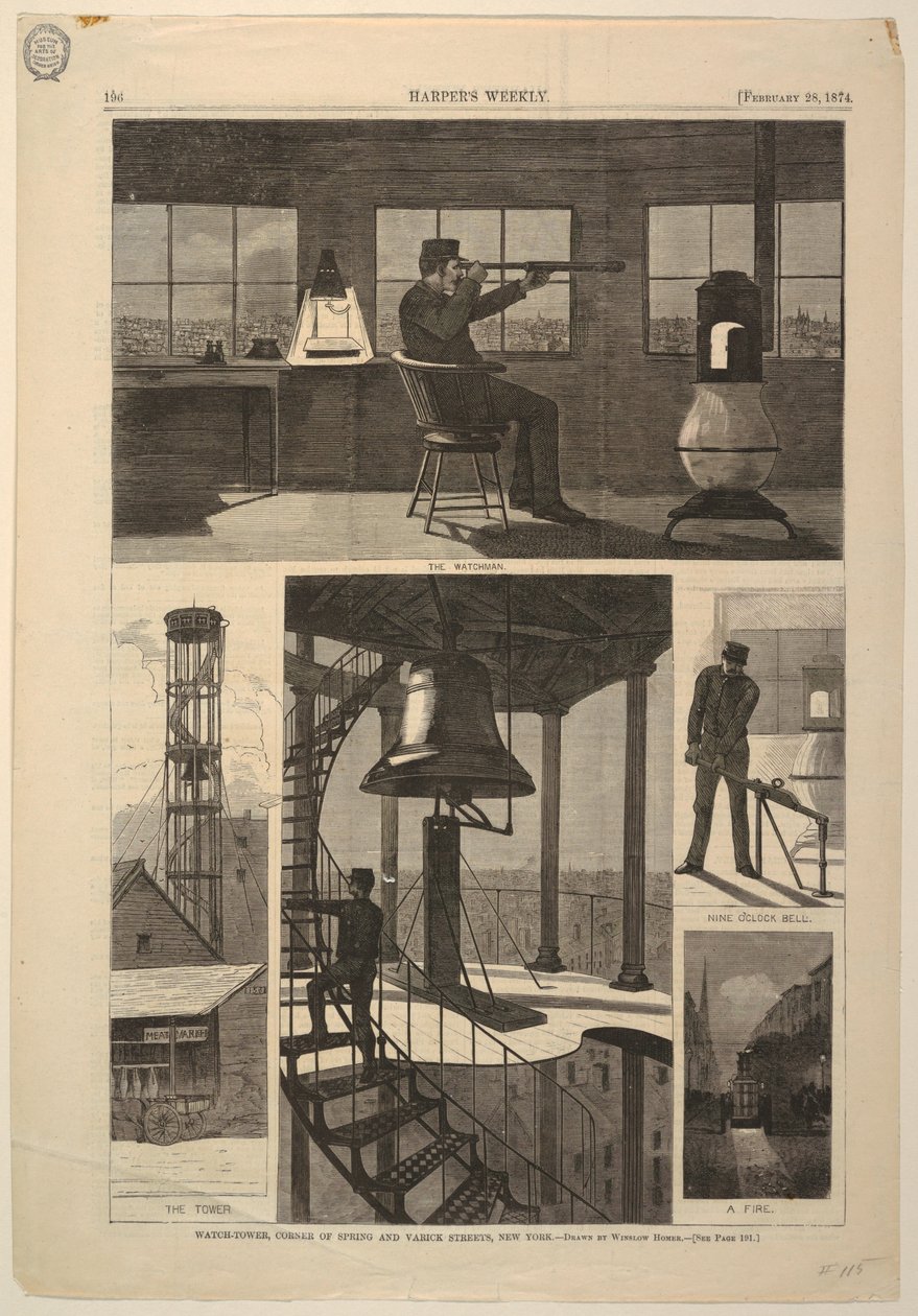 Print, Watch-tower, Corner of Spring ve Varick Streets, New York, 28 Şubat 1874 by Unbekannt