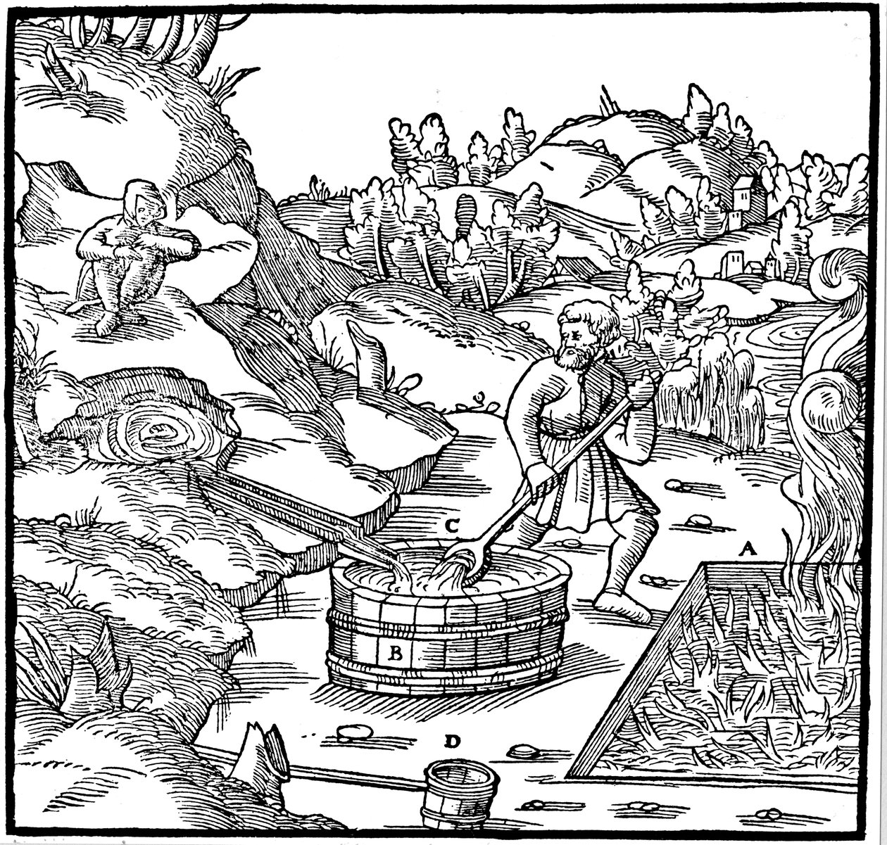 Doğal tuzlu suyu yanan bir kömür çukuruna dökerek buharlaştırarak tuz üretmek, 1556 by Unbekannt