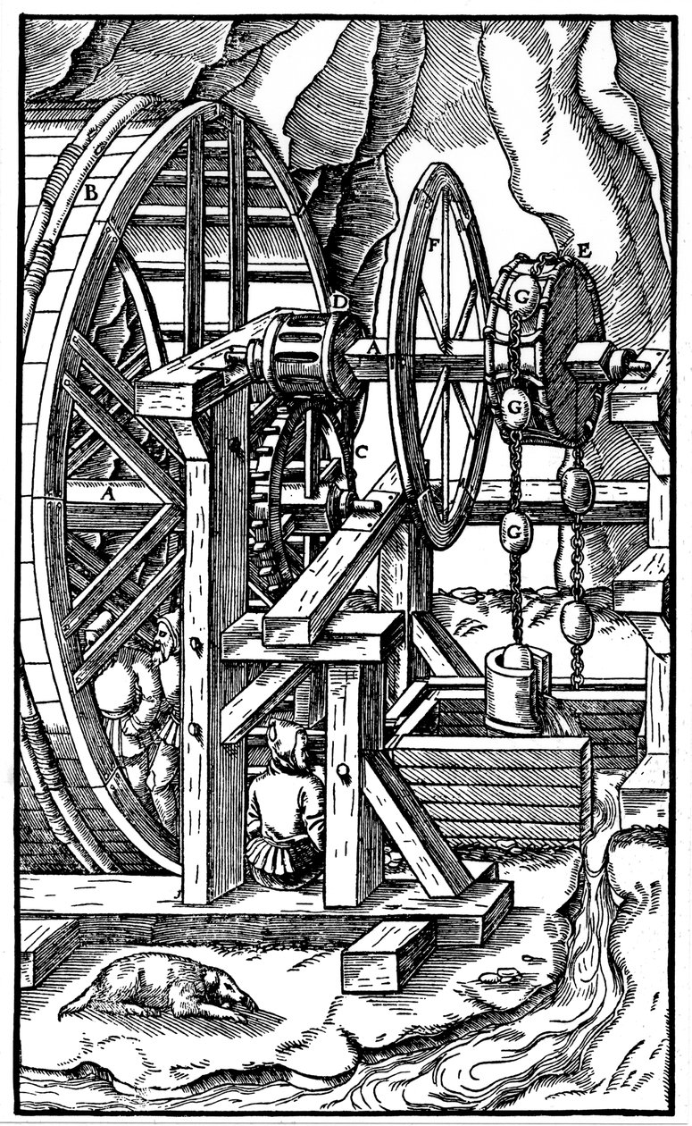 Bir koşu bandında erkekler tarafından çalıştırılan pompa, 1556 by Unbekannt