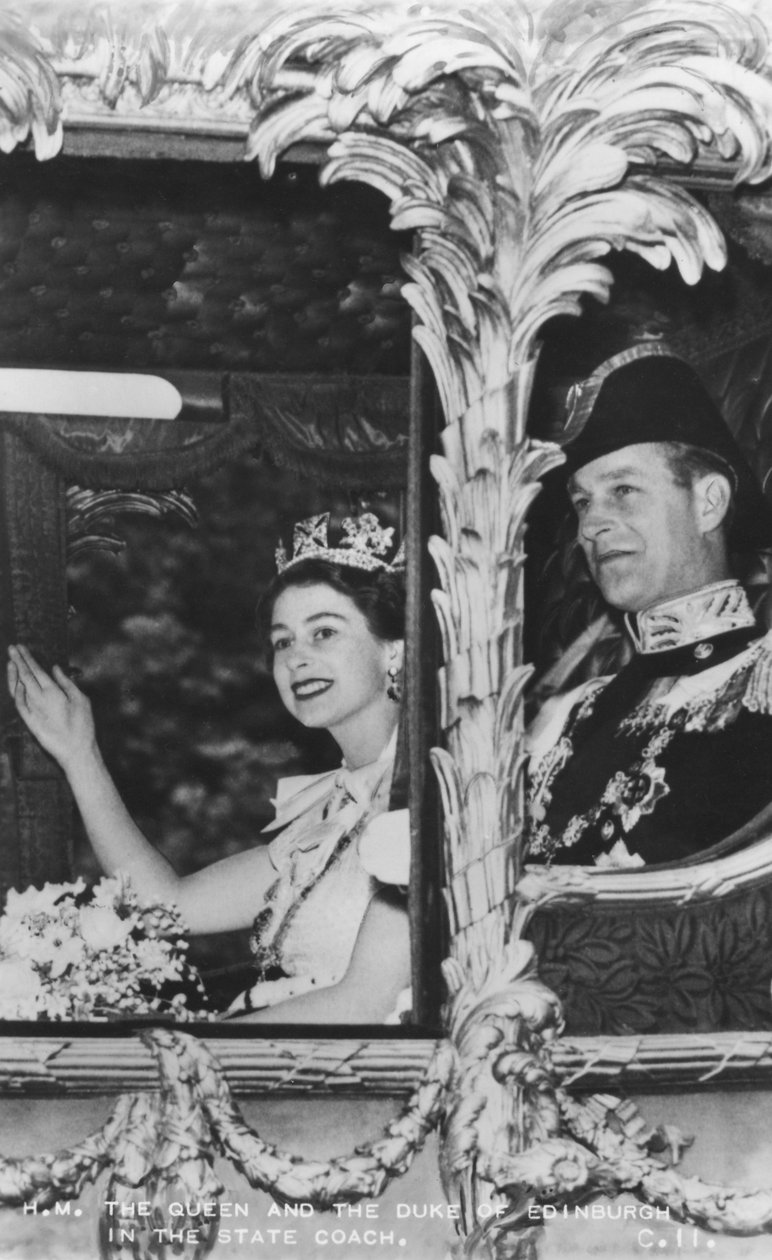 Kraliçe II. Elizabeth ve Edinburgh Dükü Devlet Arabasında, The Coronation, 2 Haziran 1953 by Unbekannt
