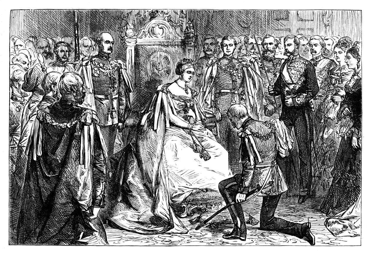 Kraliçe Victoria, Hindistan Yıldızı düzeninin ilk yatırımını elinde tutuyor, c1861 by Unbekannt
