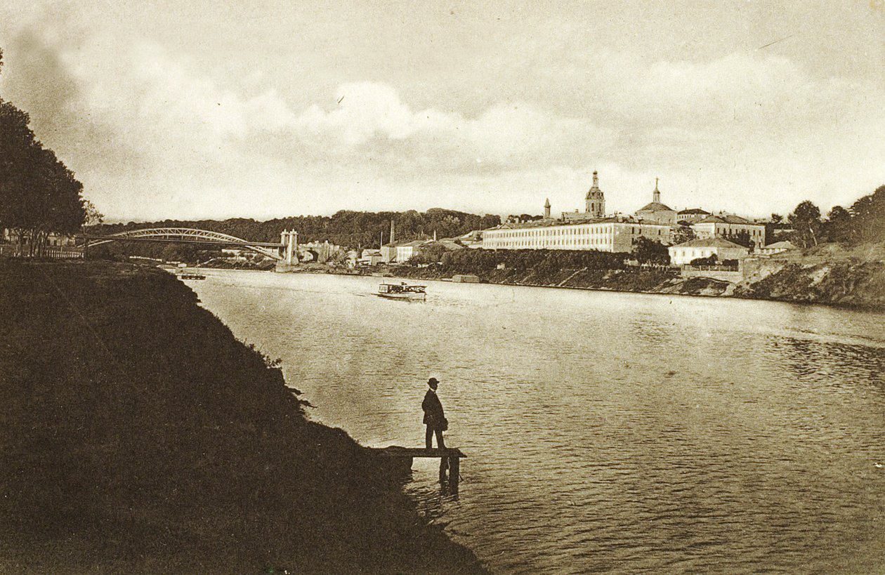 Demiryolu köprüsü ve Novodevichy Manastırı New Maidens Manastırı, Moskova, Rusya, 1910