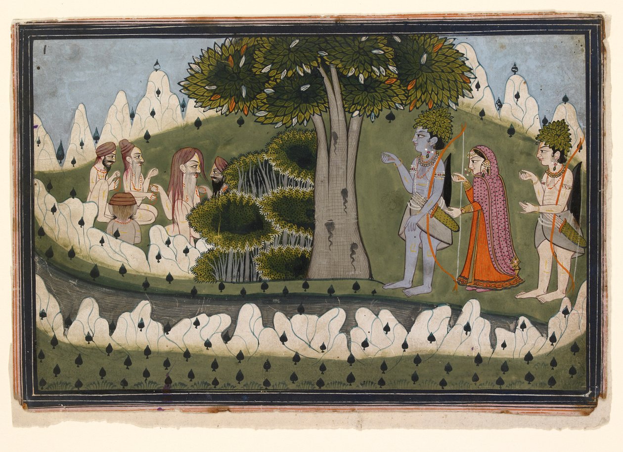 Ascetics ile bir manzarada Rama, Sita ve Laksmana, c1830 by Unbekannt