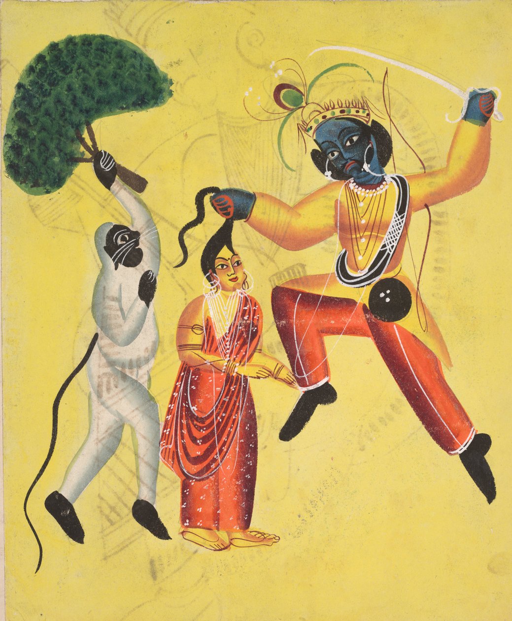 Rama ve Hanuman, Köklerinden Saptırılmış Bir Ağacı Tutarak, Sita