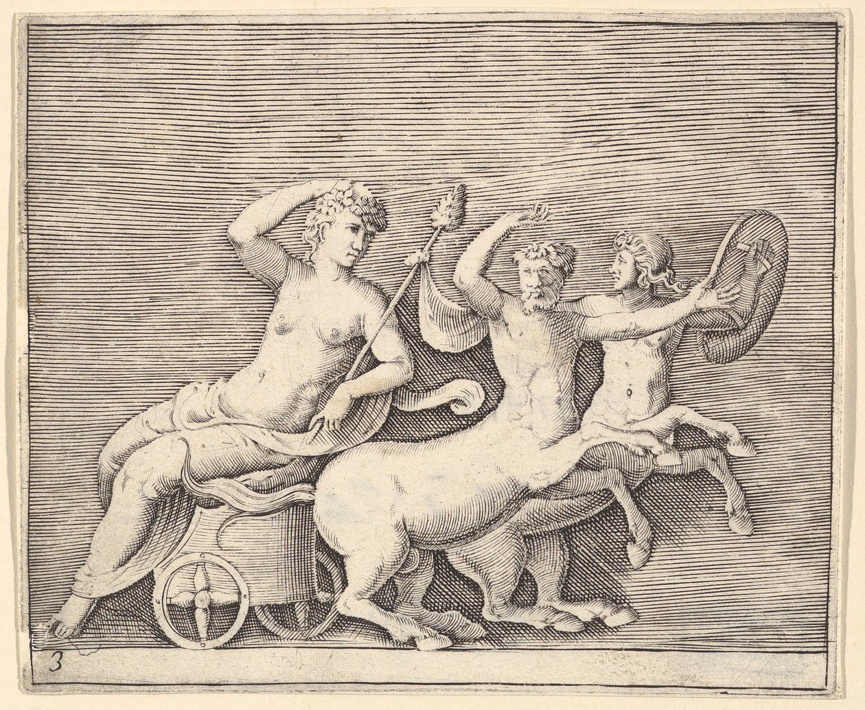 İki Centaur tarafından çizilen bir Arabada Yatan Kadın Figürü, yaklaşık olarak yayınlanmıştır. 1599-1622. by Unbekannt