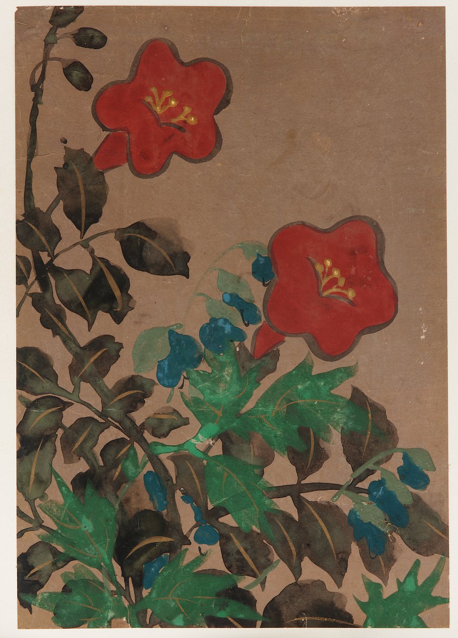Kırmızı ve mavi çiçekler ve yapraklar, Edo dönemi, 1615-1868. by Unbekannt